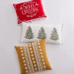 Folk Deer Christmas Trees Decorative Pillow White - Levtex Home