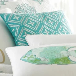 Biscayne - Teal Geo Embroidered Pillow - Teal, White - Levtex Home